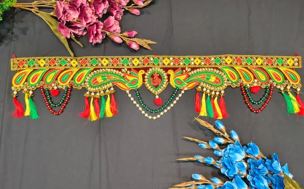 Premium_Embroidered_Om_Toran_with_Multicolor_Latkan_&_Pearl_Beadwork_{_37_INCH_}