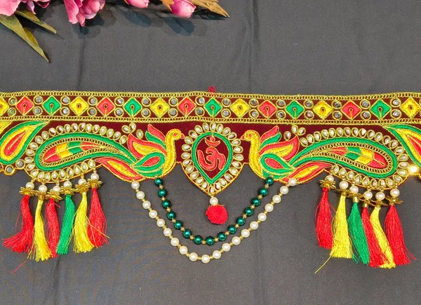 Premium_Embroidered_Om_Toran_with_Multicolor_Latkan_&_Pearl_Beadwork_{_37_INCH_}