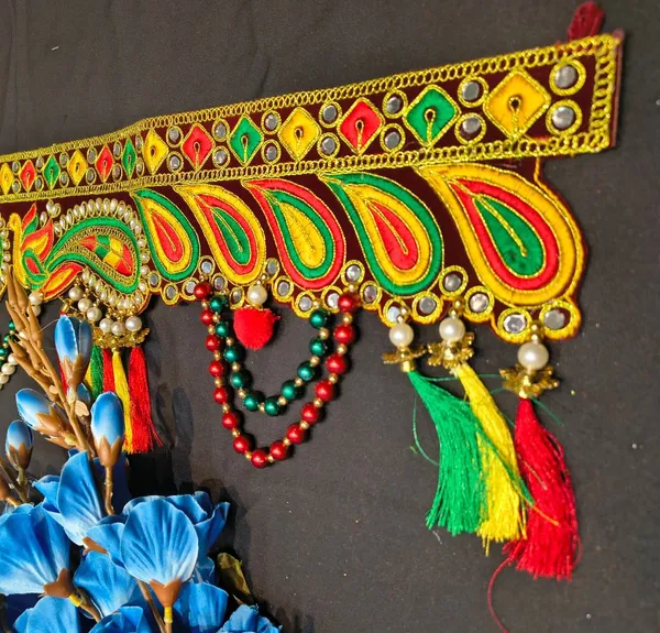 Premium_Embroidered_Om_Toran_with_Multicolor_Latkan_&_Pearl_Beadwork_{_37_INCH_}