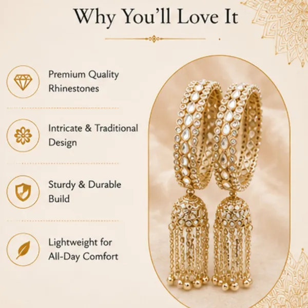 Golden_White_Alloy_Rhinestone_Jhumka_Tassel_Bangle_Set_For_Women