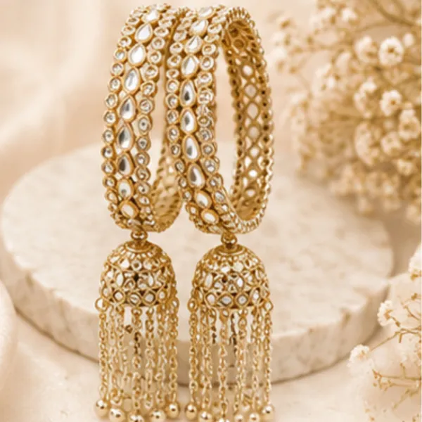 Golden_White_Alloy_Rhinestone_Jhumka_Tassel_Bangle_Set_For_Women