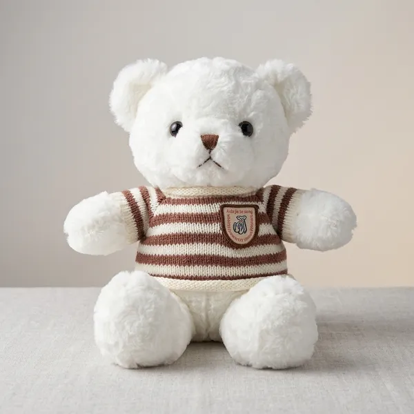 White_Teddy_Bear_With_Brown_Striped_Sweater