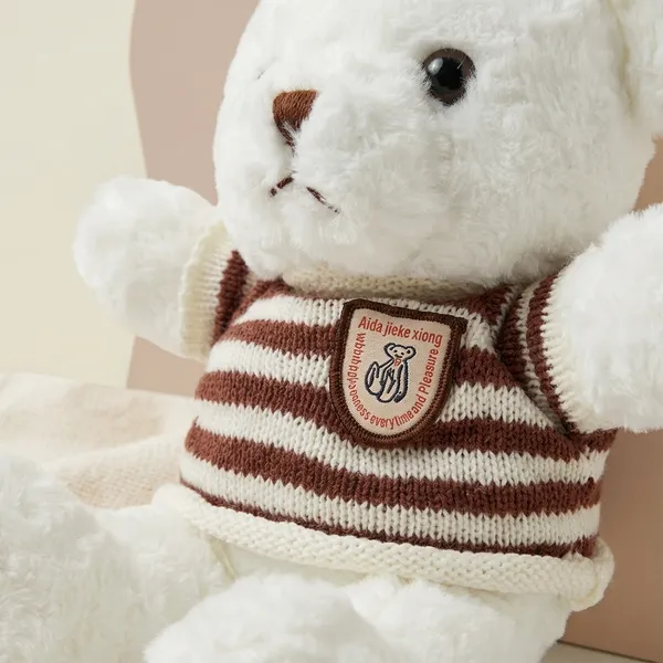 White_Teddy_Bear_With_Brown_Striped_Sweater