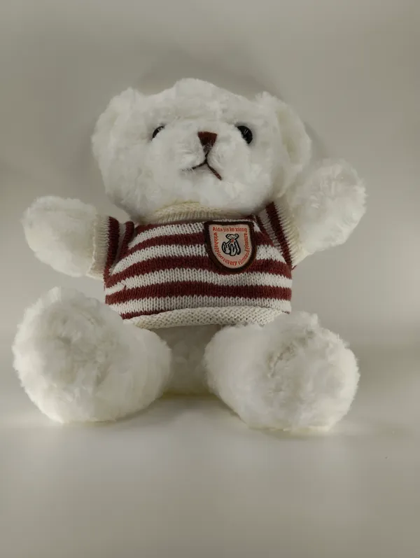 White_Teddy_Bear_With_Brown_Striped_Sweater