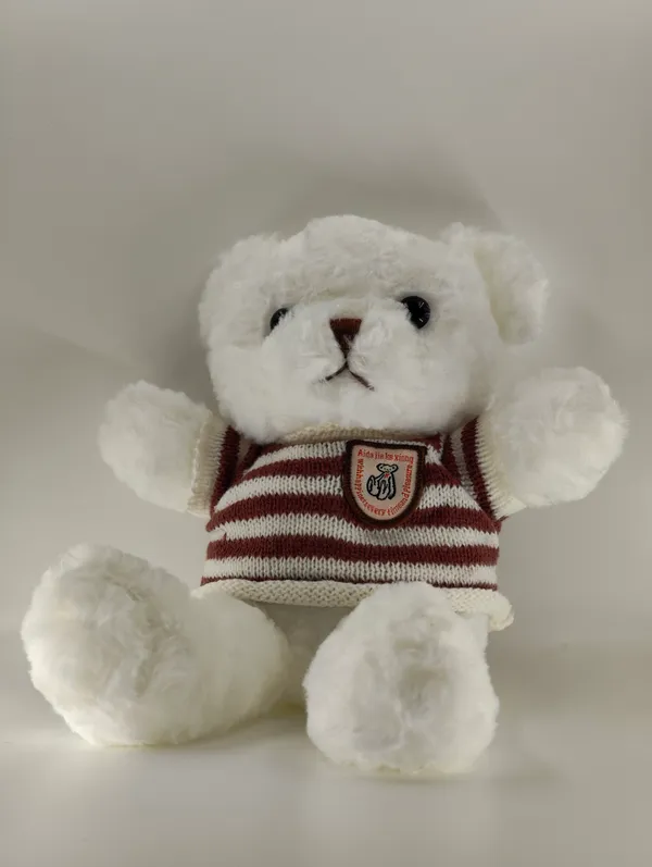 White_Teddy_Bear_With_Brown_Striped_Sweater