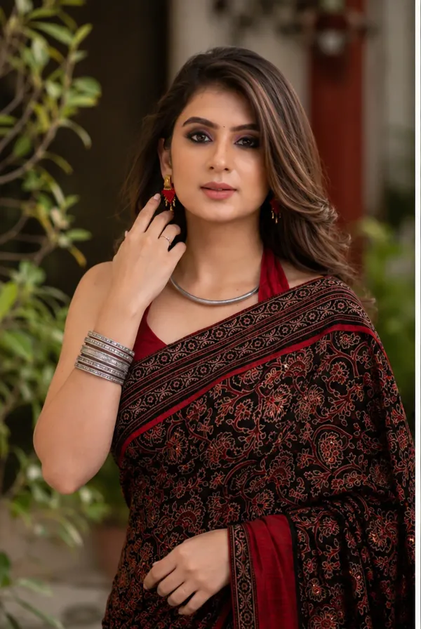 Maroon_&_Black_Floral_Ajrakh_Bindi_Japan_Silk_Saree_with_Rich_Pallu