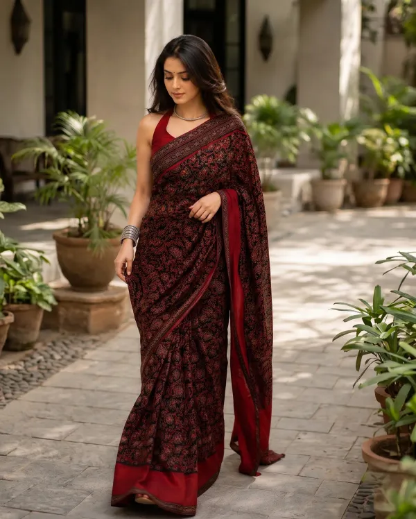 Maroon_&_Black_Floral_Ajrakh_Bindi_Japan_Silk_Saree_with_Rich_Pallu