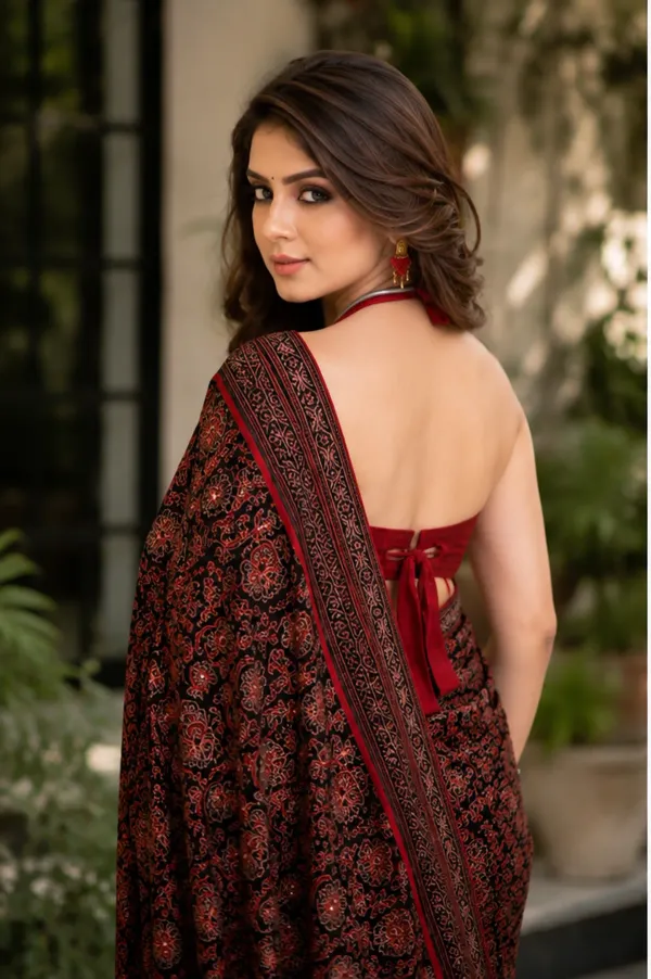 Maroon_&_Black_Floral_Ajrakh_Bindi_Japan_Silk_Saree_with_Rich_Pallu