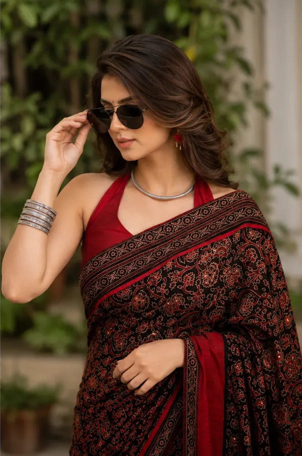 Maroon_&_Black_Floral_Ajrakh_Bindi_Japan_Silk_Saree_with_Rich_Pallu