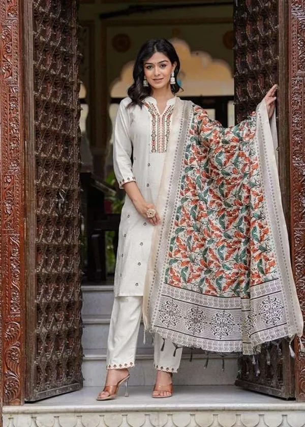 NITYA_ENTERPRISESWomen's_Cotton_Embroidered_Straight_Kurti_With_Pant_and_Dupatta_Set