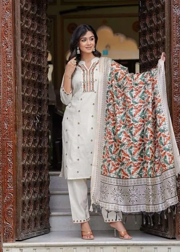 NITYA_ENTERPRISESWomen's_Cotton_Embroidered_Straight_Kurti_With_Pant_and_Dupatta_Set