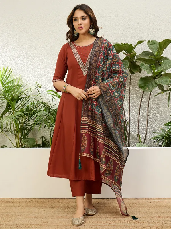 Women's_Rust_Festive_Flared_Kurta_Set_with_Traditional_Print_Dupatta