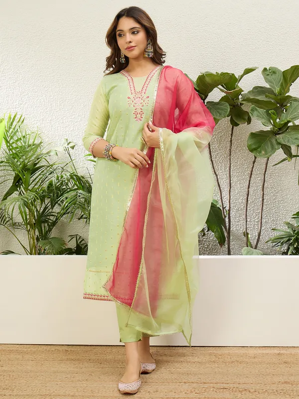 Women's_Pista_Green_Embroidered_Yoke_Design_Straight_Kurta_Pant_Set_with_Ombre_Dupatta