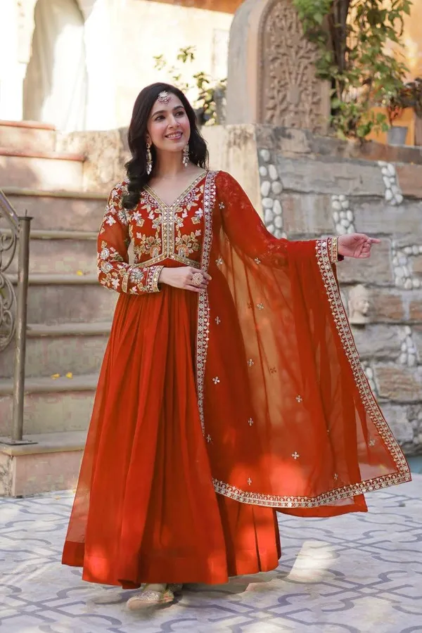 Rust_Orange_Georgette_Anarkali_Dress_With_Dupatta_For_Women
