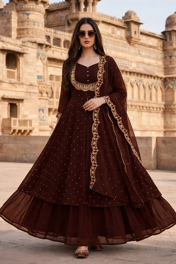 Brown_Georgette_Anarkali_Suit_Set_For_Women