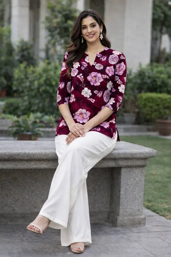 Maroon_Rayon_V-Neck_Top_For_Women