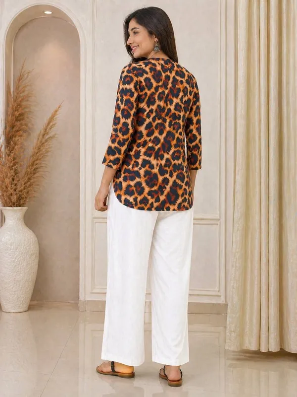 White_&_Brown_Rayon_Top_With_Pants_Set_For_Women