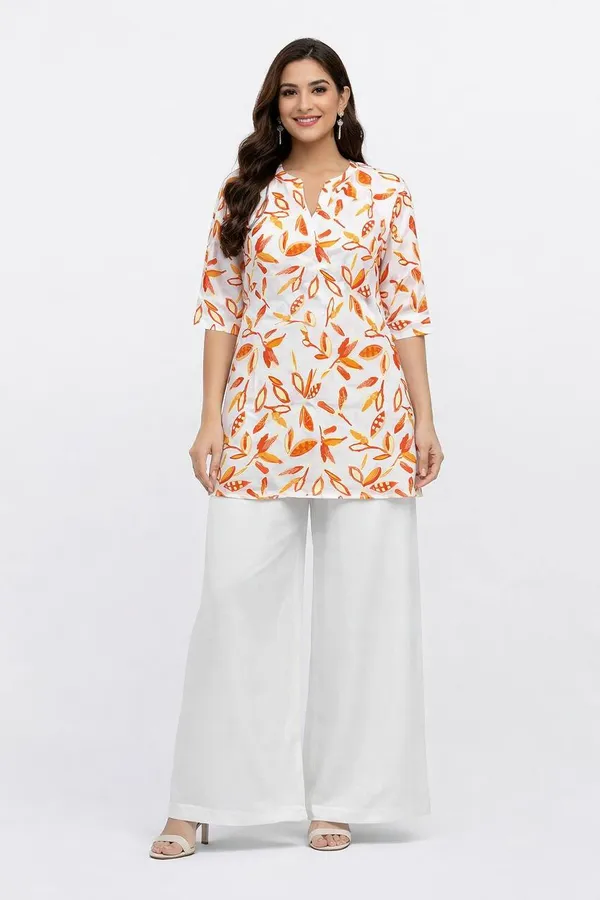 White_&_Orange_Rayon_Tunic_With_Palazzo_Set_For_Women