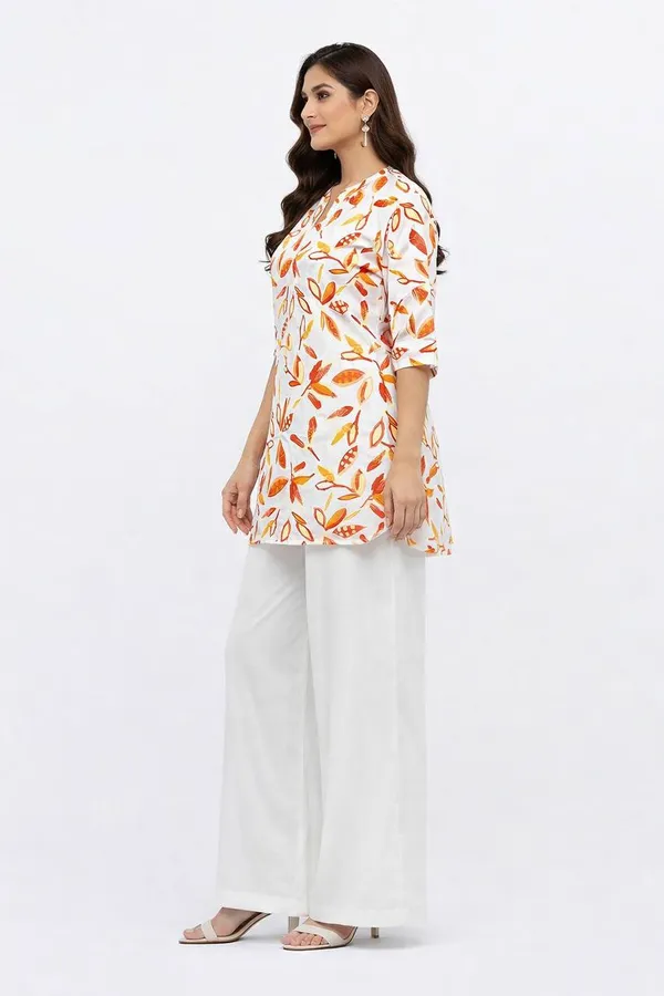 White_&_Orange_Rayon_Tunic_With_Palazzo_Set_For_Women