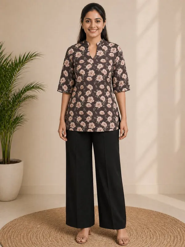 Brown_&_Black_Rayon_Kurti_With_Palazzo_Set_For_Women