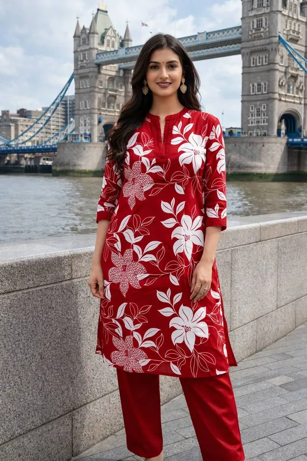 Red_Georgette_Kurti_With_Pants_Set_For_Women