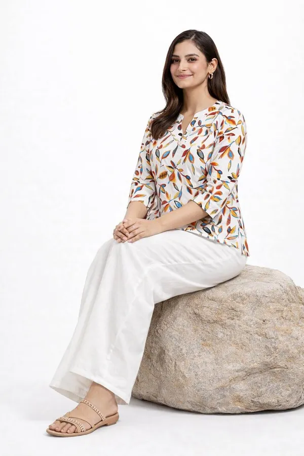 White_&_Orange_Rayon_Kurta_And_Palazzo_Set_For_Women