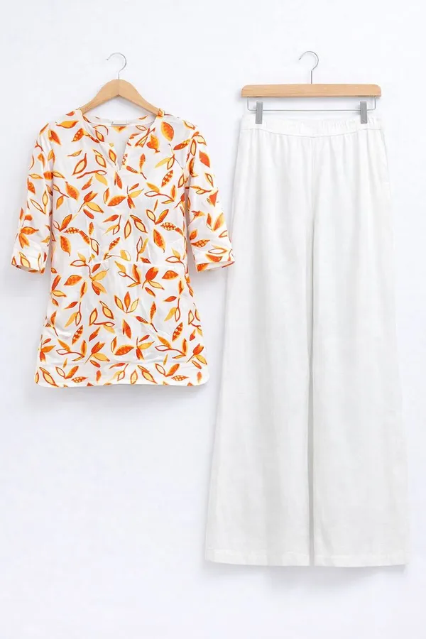 White_&_Orange_Rayon_Tunic_With_Palazzo_Set_For_Women