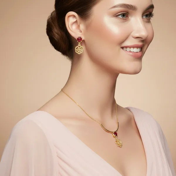 Gold_Plated_Elegant_Rose_Pendant_Necklace_Earrings_Set_With_Red_Crystal_Stones
