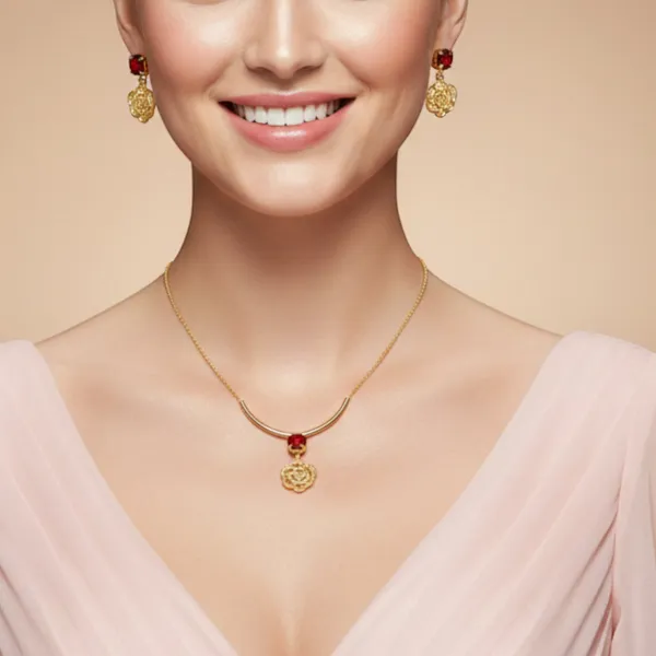 Gold_Plated_Elegant_Rose_Pendant_Necklace_Earrings_Set_With_Red_Crystal_Stones