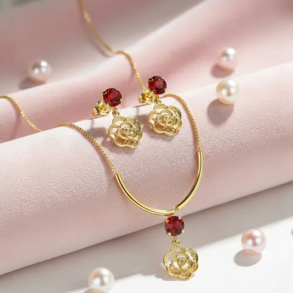 Gold_Plated_Elegant_Rose_Pendant_Necklace_Earrings_Set_With_Red_Crystal_Stones