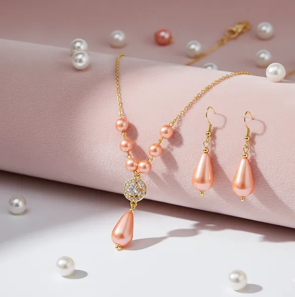 Gold_And_Pink_Elegant_Pearl_Jeweler_Set_With_Crystal_Pendant_Gold_Toned_Chain_Necklace_And_Drop_Earrings