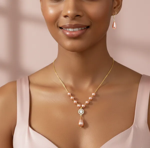 Gold_And_Pink_Elegant_Pearl_Jeweler_Set_With_Crystal_Pendant_Gold_Toned_Chain_Necklace_And_Drop_Earrings