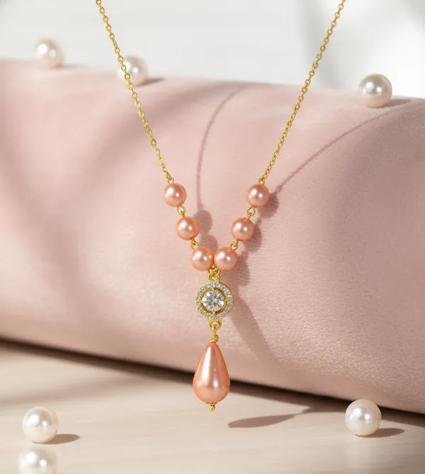 Gold_And_Pink_Elegant_Pearl_Jeweler_Set_With_Crystal_Pendant_Gold_Toned_Chain_Necklace_And_Drop_Earrings