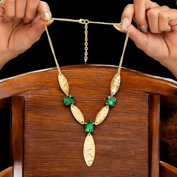 Gold_Anti_Tarnish_Marquise_Emerald_Necklace_Set_For_Women
