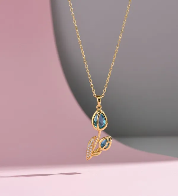 Gold_Plated_Azure_Leaf_Pendant_NecklaceBlue_Stone_Floral_Charm_For_Women