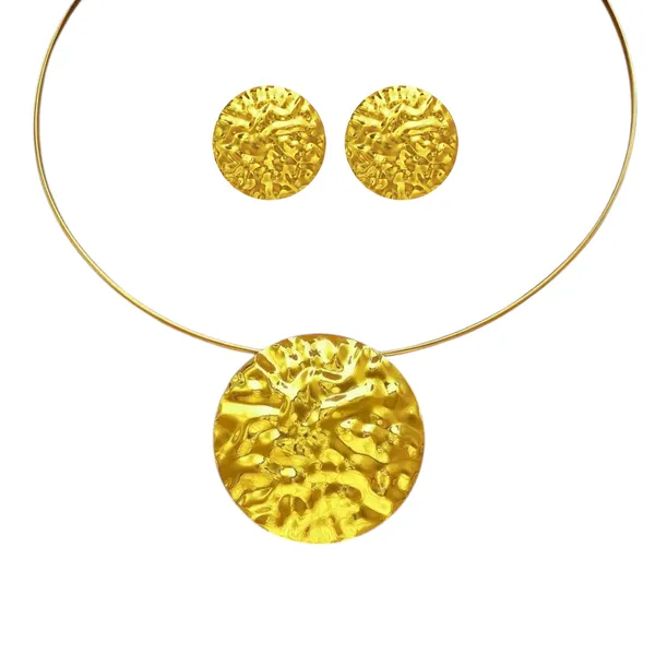 Gold_Hammered_Choker_Necklace_Set_For_Women_Stylish_Statement_Jewelry_With_Round_Disc_Earrings