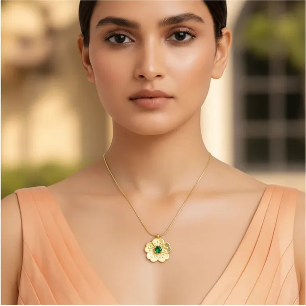 Gold_Floral_Pendant_Necklace_With_Cubic_Emerald_Stone