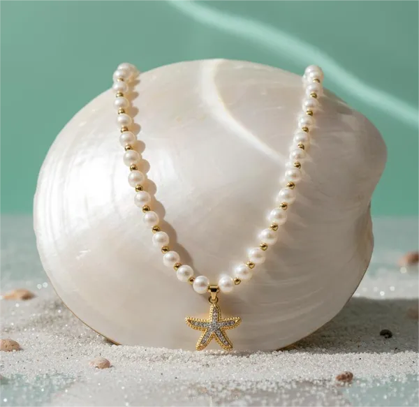 White_And_Silver_Starfish_Pearl_Strand_Necklace_For_Women