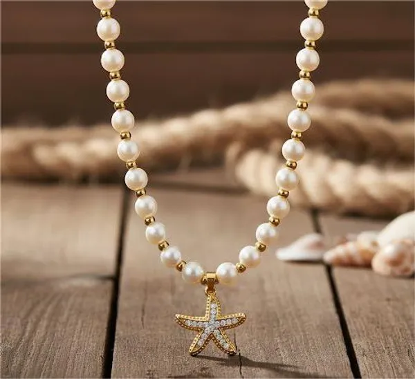 White_And_Silver_Starfish_Pearl_Strand_Necklace_For_Women