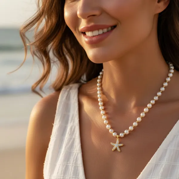 White_And_Silver_Starfish_Pearl_Strand_Necklace_For_Women