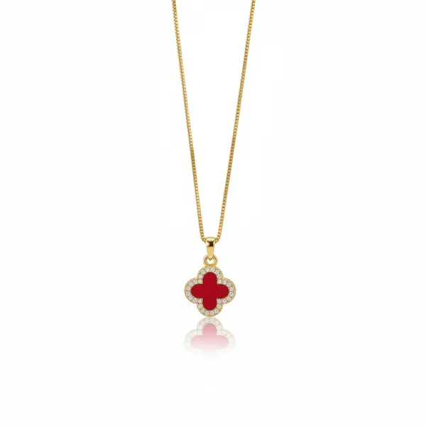 Gold_And_Red_Clover_Pendant_Necklace_For_Women