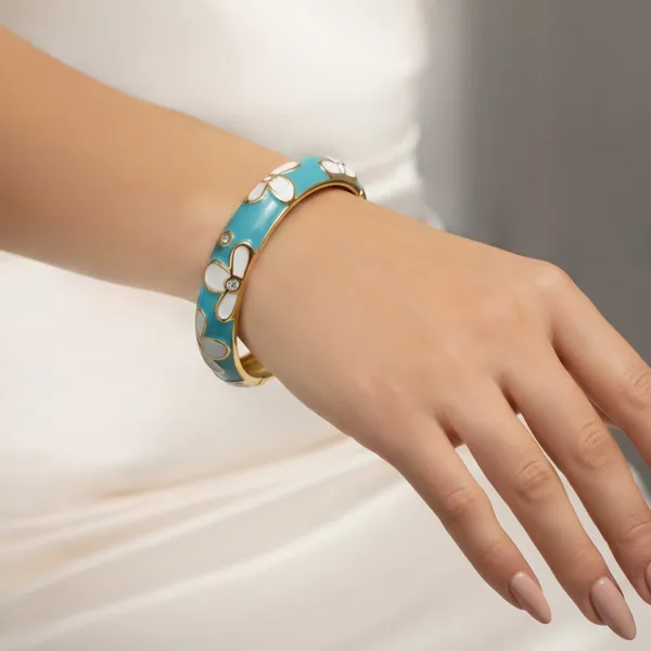 Turquoise_Enamel_Floral_Gold_Finish_Adjustable_Bracelet_For_Women