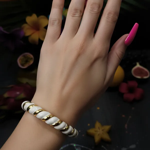 White_And_Gold_Twisted_Enamel_Bangle_Bracelet_For_Women