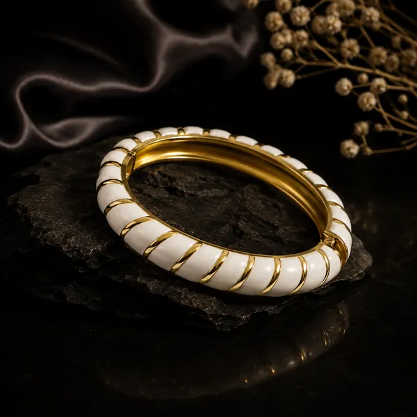White_And_Gold_Twisted_Enamel_Bangle_Bracelet_For_Women
