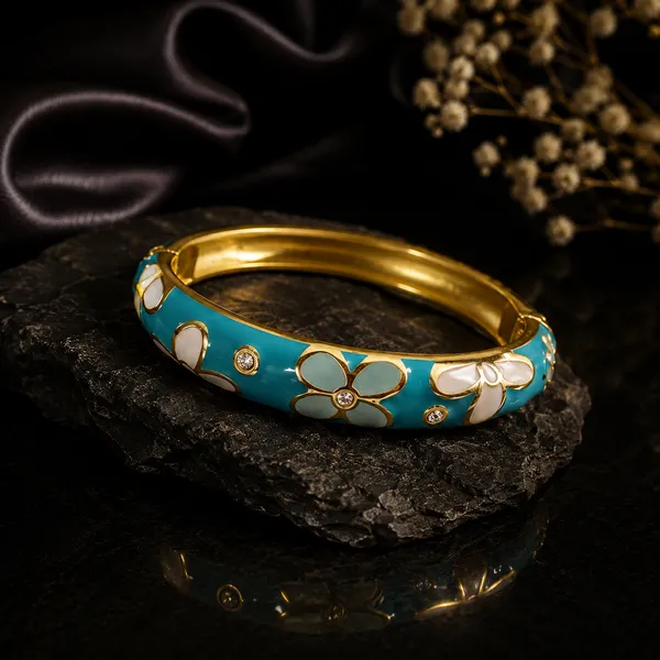 Turquoise_Enamel_Floral_Gold_Finish_Adjustable_Bracelet_For_Women