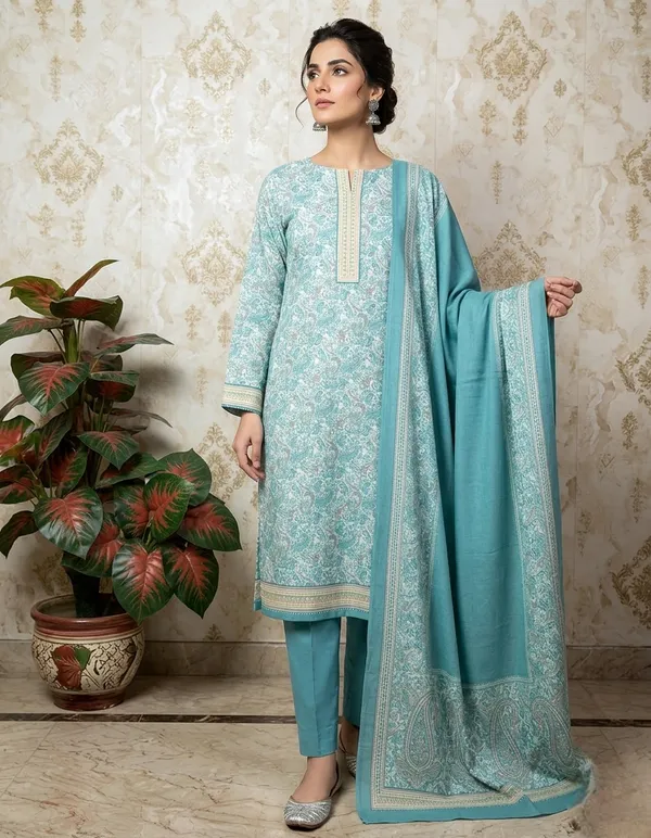 Light_Firozi_Combed_Soft_Cotton_&_Chiffon_Dupatta_Suit_Dress_Material_For_Women