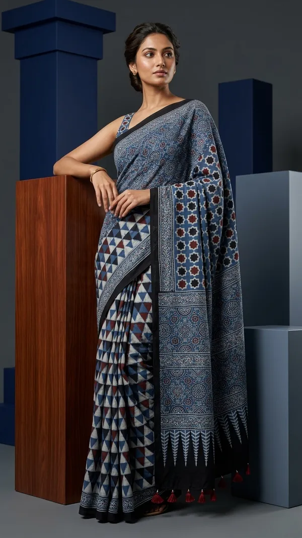 Ajrak_Modal_Silk_Saree_in_Azure_Mosaic_color_