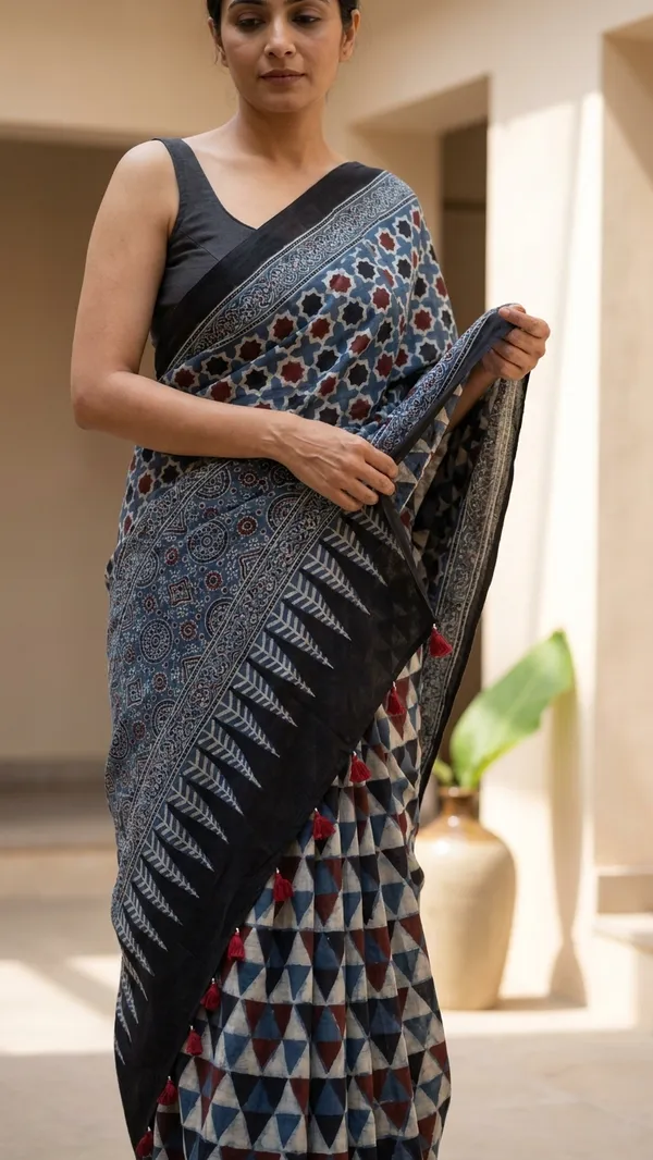 Ajrak_Modal_Silk_Saree_in_Azure_Mosaic_color_
