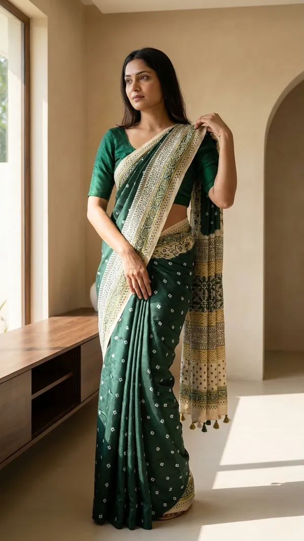Ajrak_Modal_Silk_Saree_in_Emerald_Heirloom_color_