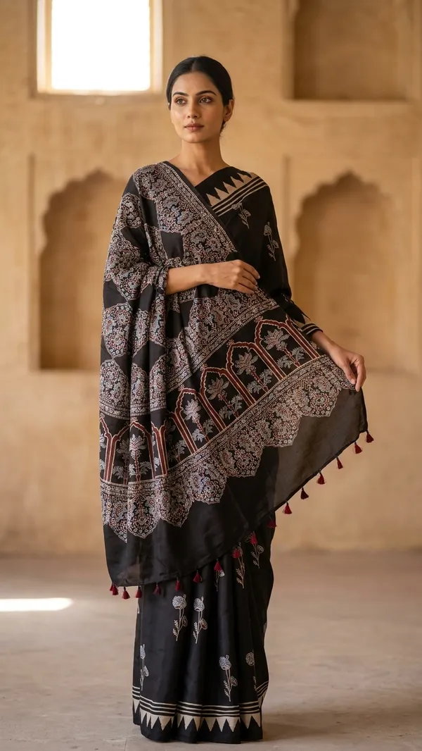 Ajrak_Modal_Silk_Saree_in_Jet_Black_Color_